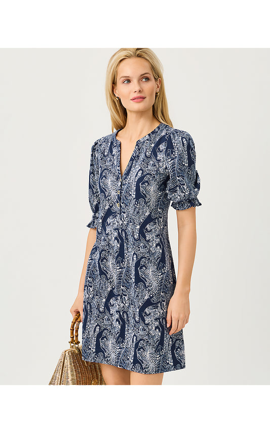 DELSIE DRESS, LOW TIDE NAVY LIL PALM PROWL