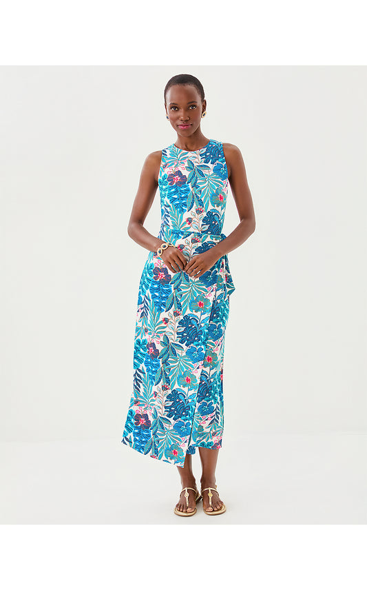 ESTELA MIDI DRESS, BREEZY AQUA BEST FRONDS FOREVER