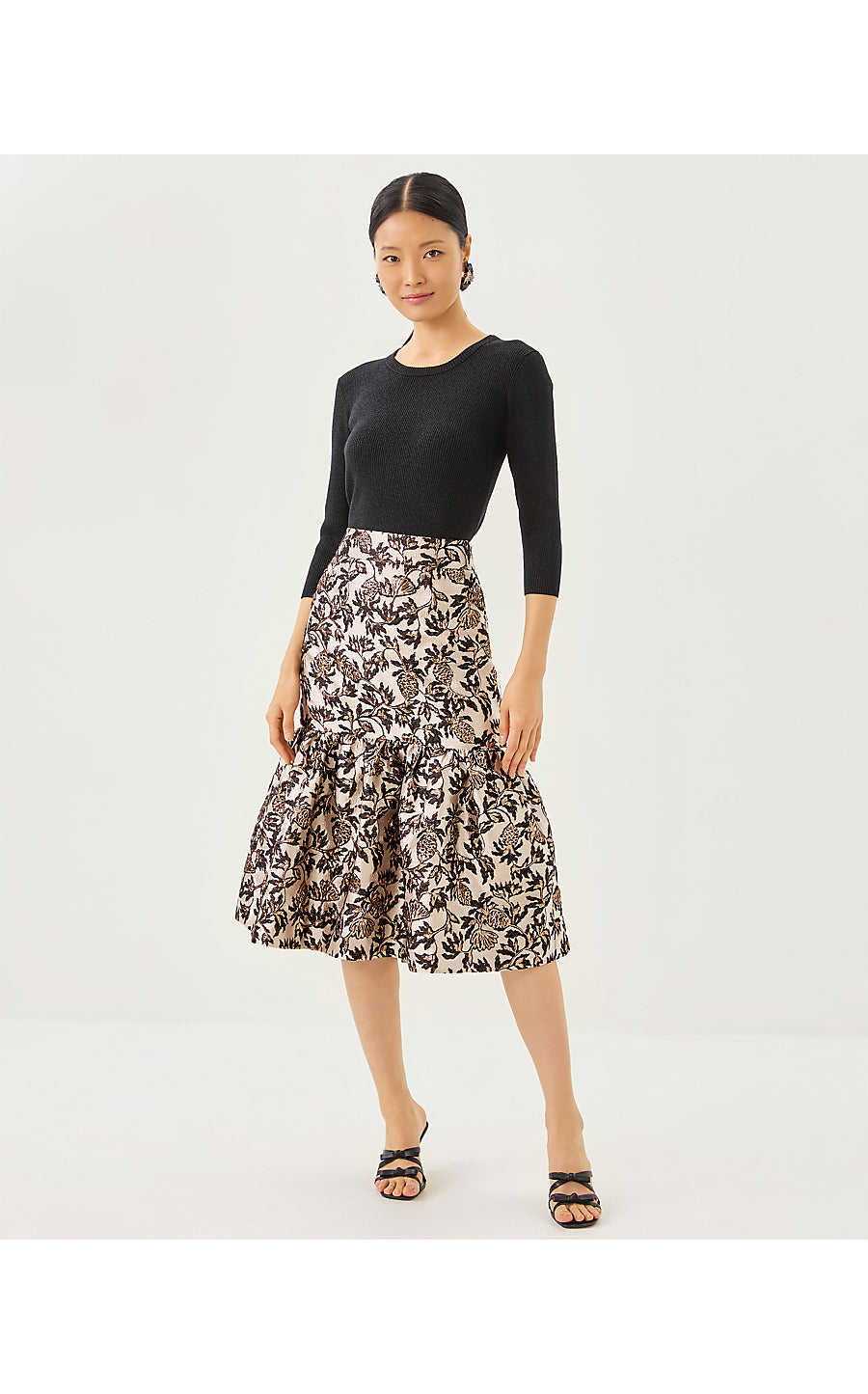 VALORA MIDI SKIRT, NOIR PINEAPPLE PUFF METALLIC JACQUARD