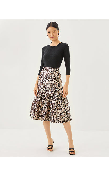 VALORA MIDI SKIRT, NOIR PINEAPPLE PUFF METALLIC JACQUARD