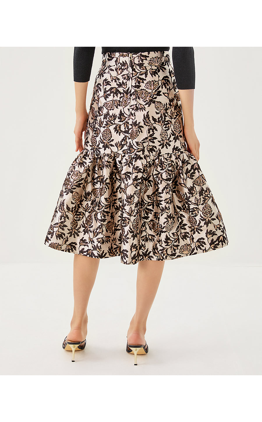 VALORA MIDI SKIRT, NOIR PINEAPPLE PUFF METALLIC JACQUARD