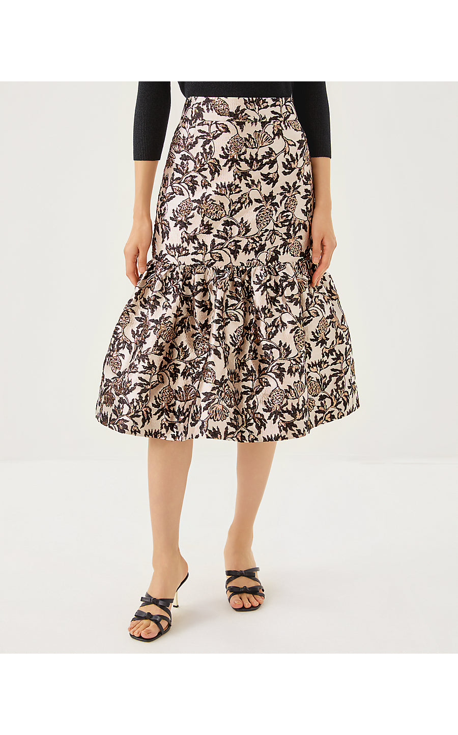 VALORA MIDI SKIRT, NOIR PINEAPPLE PUFF METALLIC JACQUARD