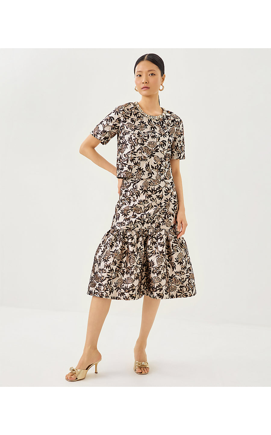 VALORA MIDI SKIRT, NOIR PINEAPPLE PUFF METALLIC JACQUARD