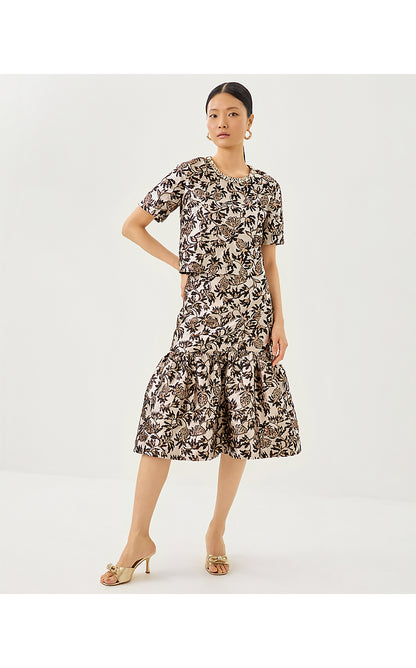 VALORA MIDI SKIRT, NOIR PINEAPPLE PUFF METALLIC JACQUARD