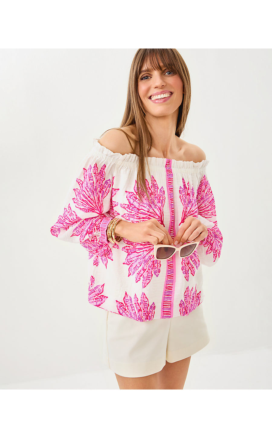 KALINDA OFF THE SHOULDER TOP, PINK BLISS SHADY BABE ENGINEERED WOVEN TOP