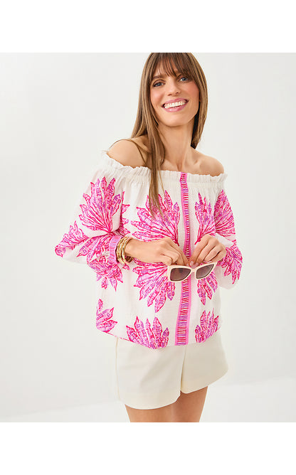 KALINDA OFF THE SHOULDER TOP, PINK BLISS SHADY BABE ENGINEERED WOVEN TOP