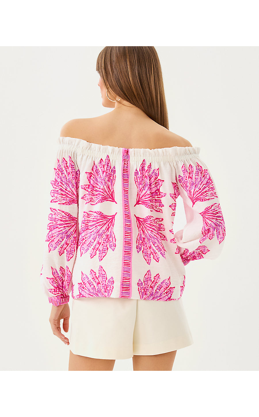 KALINDA OFF THE SHOULDER TOP, PINK BLISS SHADY BABE ENGINEERED WOVEN TOP