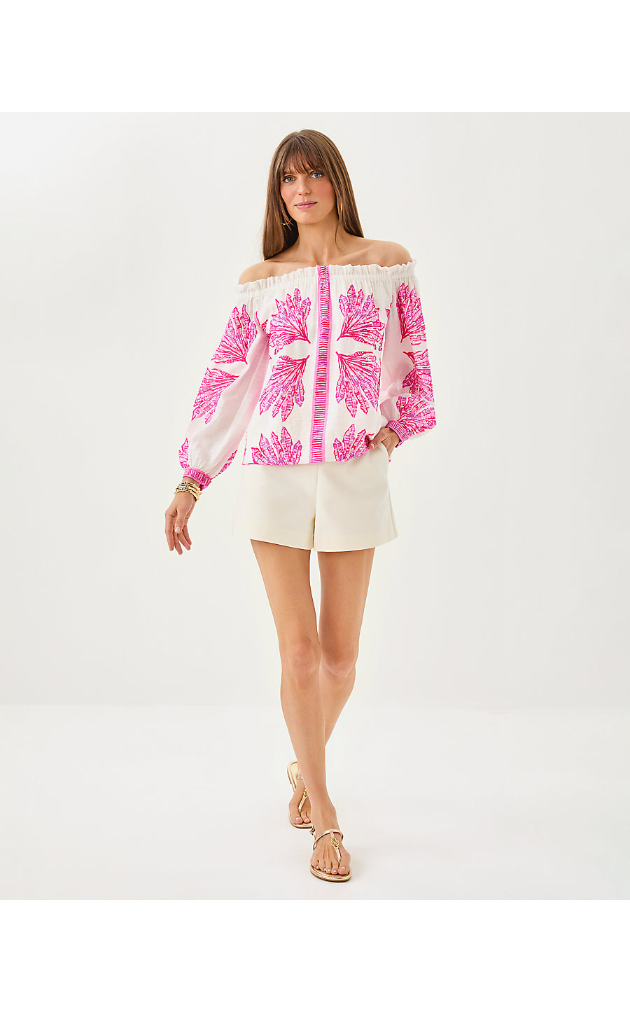 KALINDA OFF THE SHOULDER TOP, PINK BLISS SHADY BABE ENGINEERED WOVEN TOP