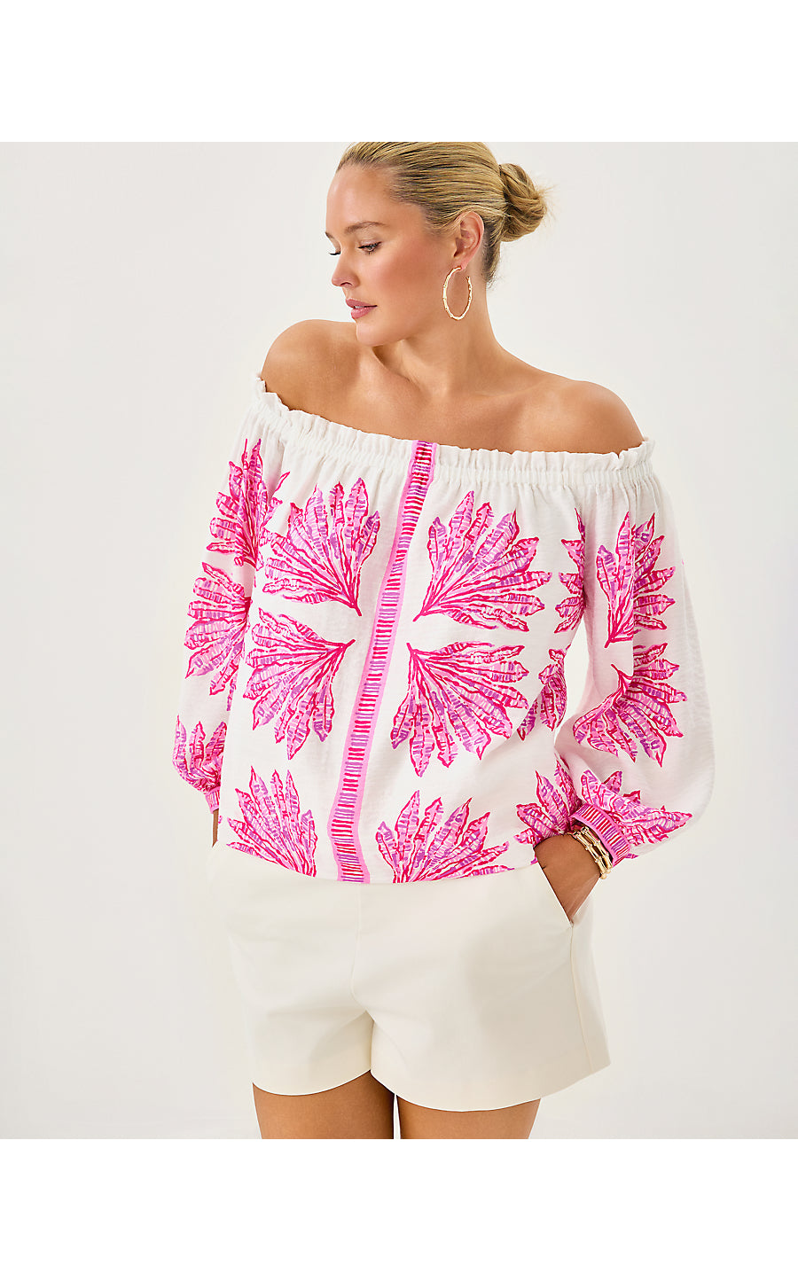 KALINDA OFF THE SHOULDER TOP, PINK BLISS SHADY BABE ENGINEERED WOVEN TOP