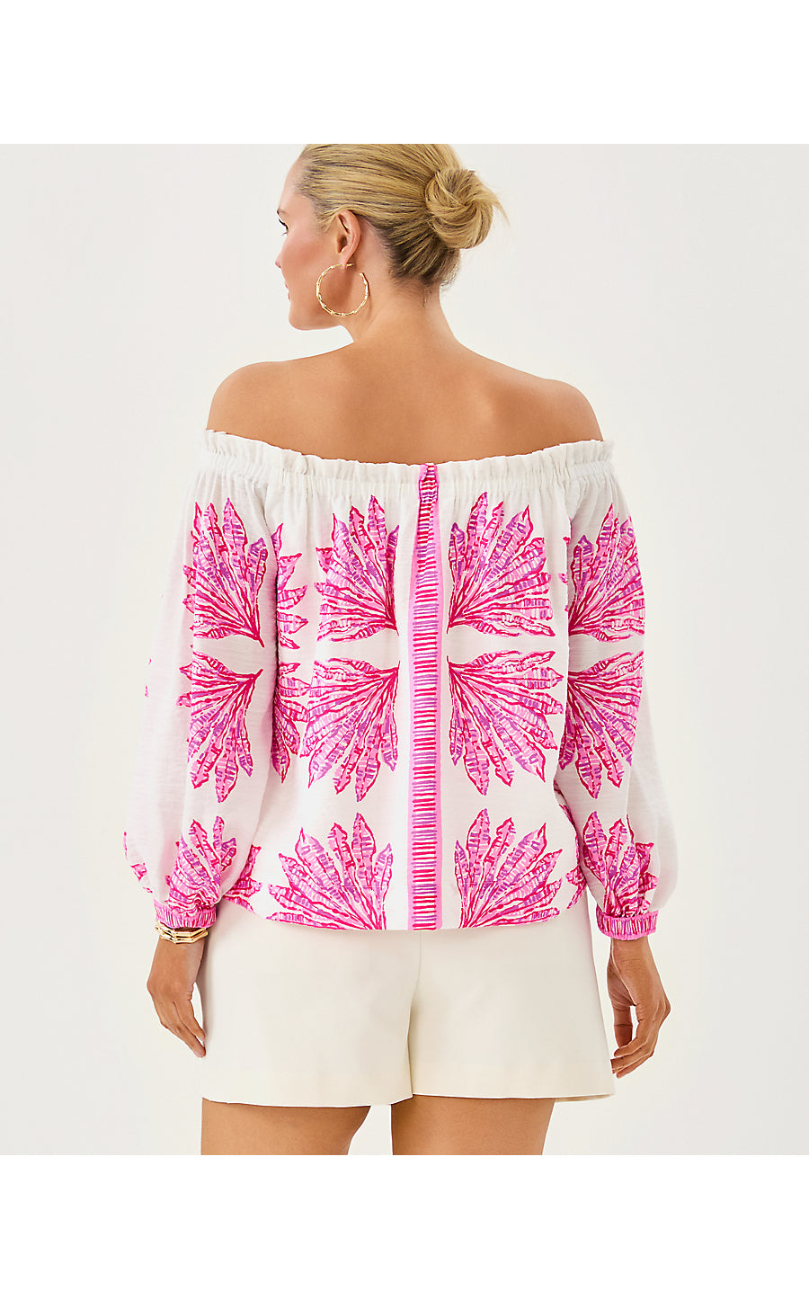 KALINDA OFF THE SHOULDER TOP, PINK BLISS SHADY BABE ENGINEERED WOVEN TOP