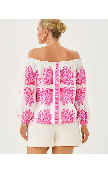 KALINDA OFF THE SHOULDER TOP, PINK BLISS SHADY BABE ENGINEERED WOVEN TOP