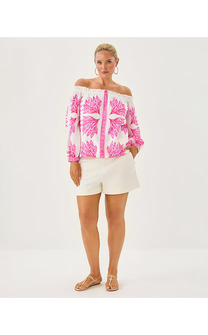 KALINDA OFF THE SHOULDER TOP, PINK BLISS SHADY BABE ENGINEERED WOVEN TOP