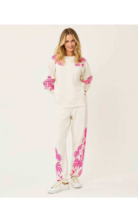 SILVIE JOGGER, COCONUT SAFARI SOCIAL EMBROIDERY PANT