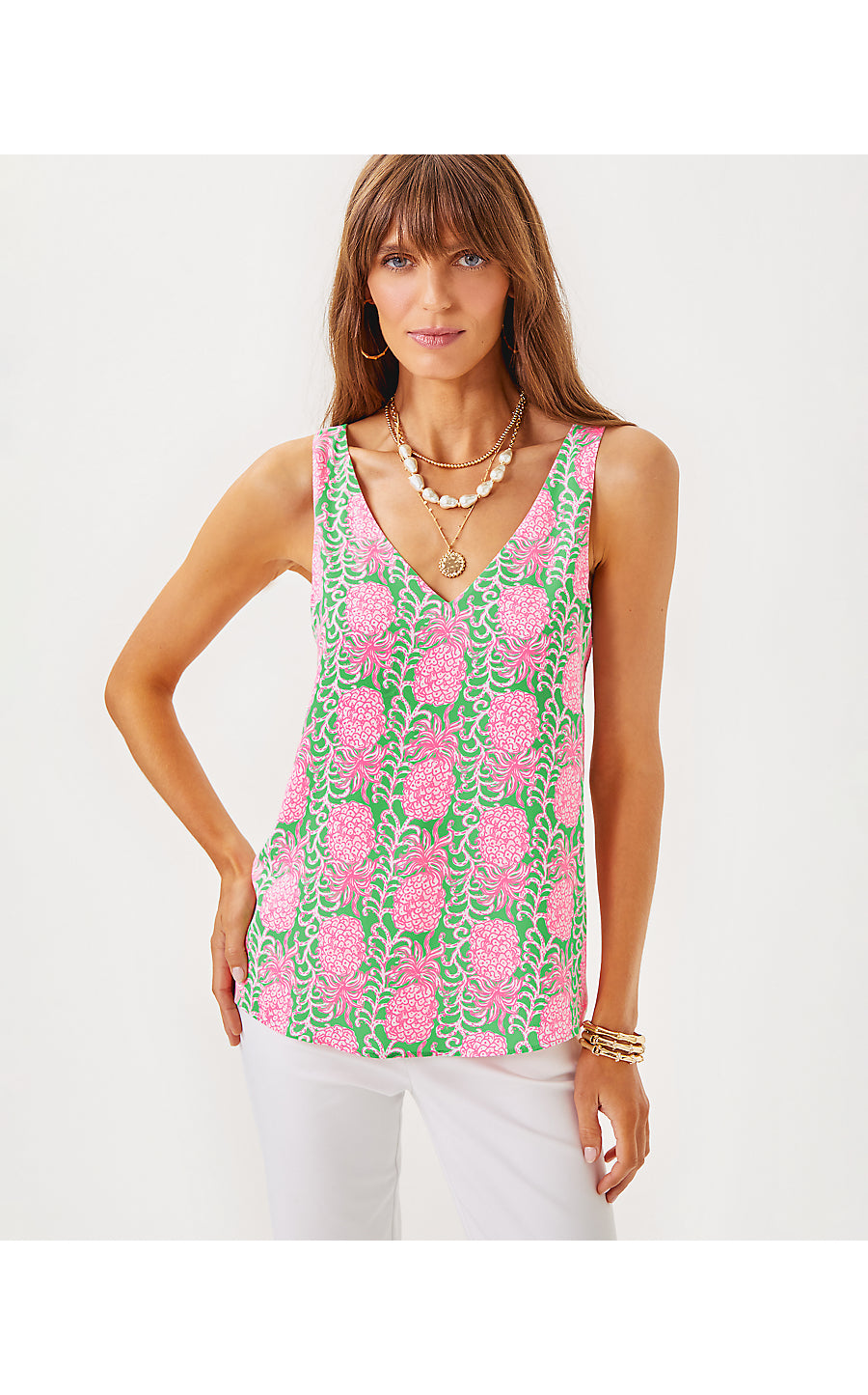 FLORIN STRAIGHT HEM TOP, FAUNA GREEN PARTY LIKE A PINEAPPLE