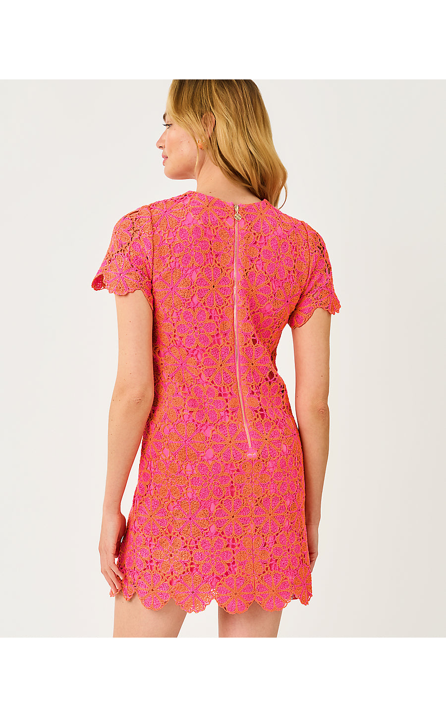 CORTNEY CROCHET SHIFT, CHERRY BLOSSOM PINK X SUNSET ORANGE FULL BLOOM KNIT CROCHET PANEL