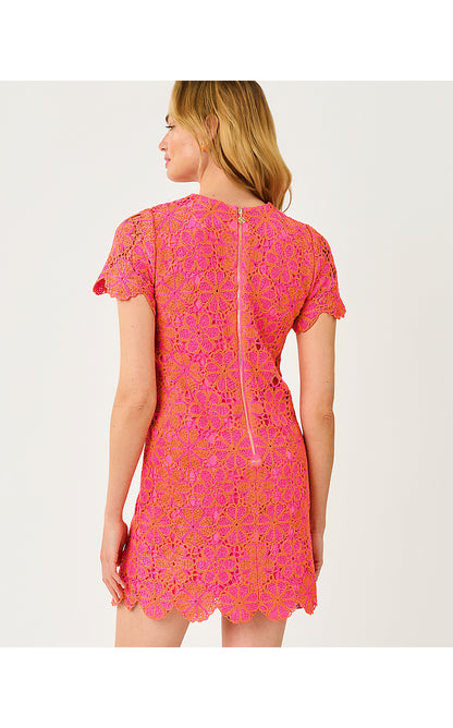 CORTNEY CROCHET SHIFT, CHERRY BLOSSOM PINK X SUNSET ORANGE FULL BLOOM KNIT CROCHET PANEL