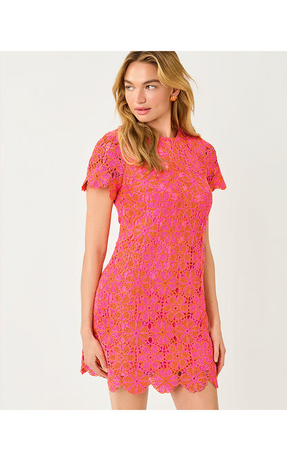 CORTNEY CROCHET SHIFT, CHERRY BLOSSOM PINK X SUNSET ORANGE FULL BLOOM KNIT CROCHET PANEL