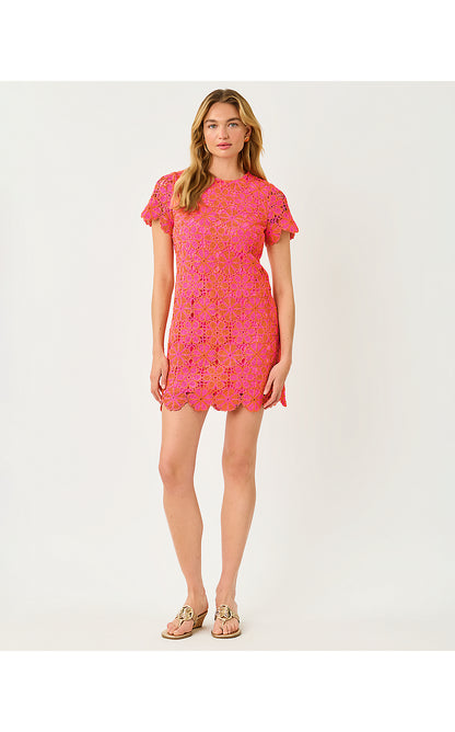 CORTNEY CROCHET SHIFT, CHERRY BLOSSOM PINK X SUNSET ORANGE FULL BLOOM KNIT CROCHET PANEL
