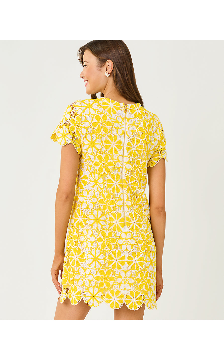 CORTNEY CROCHET SHIFT, MIMOSA YELLOW FULL BLOOM KNIT CROCHET PANEL
