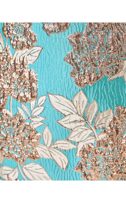 JANEY MINI SKIRT, TANGIER TEAL FLORAL FLING METALLIC JACQUARD