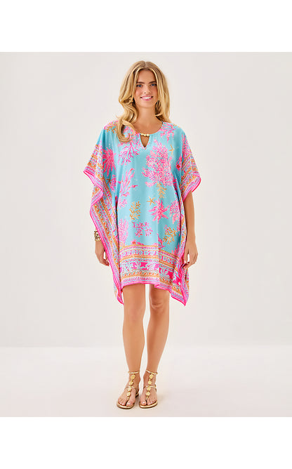 LINDAMARIE SILK CAFTAN, MULTI ROYAL CORAL ENGINEERED WOVEN CAFTAN