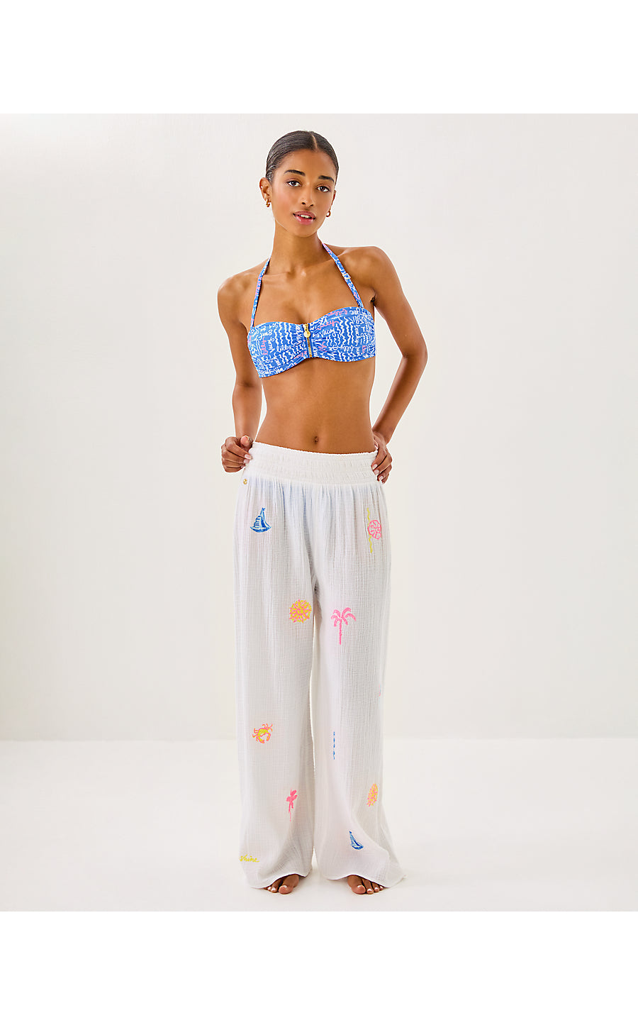 ENZO EMBROIDERED PANT COVERUP, RESORT WHITE BEACHCOMBER EMBROIDERY