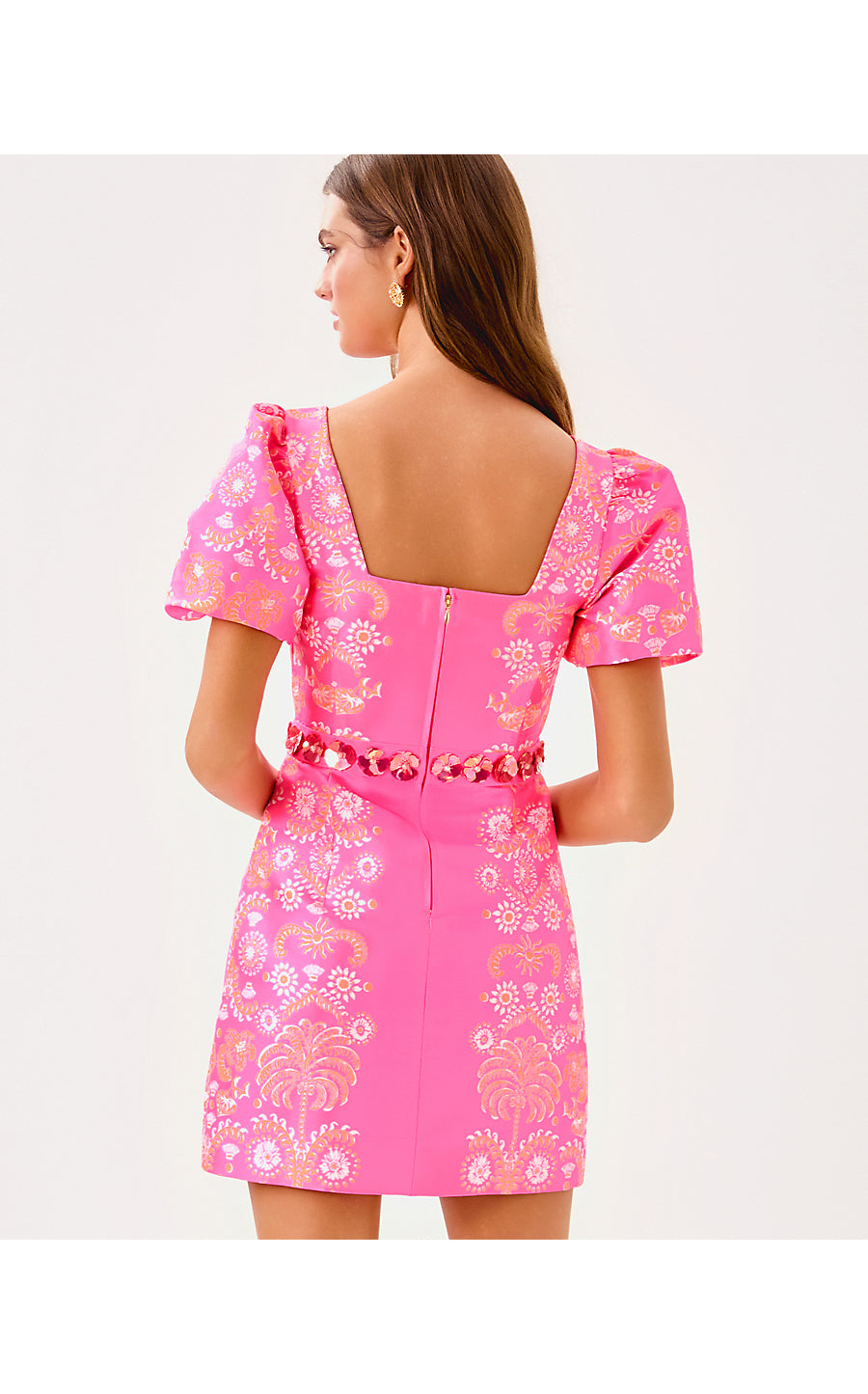 COHEN SKIRTED ROMPER, SUNKISSED PINK BREEZY PALM ENGINEERED ROMPER