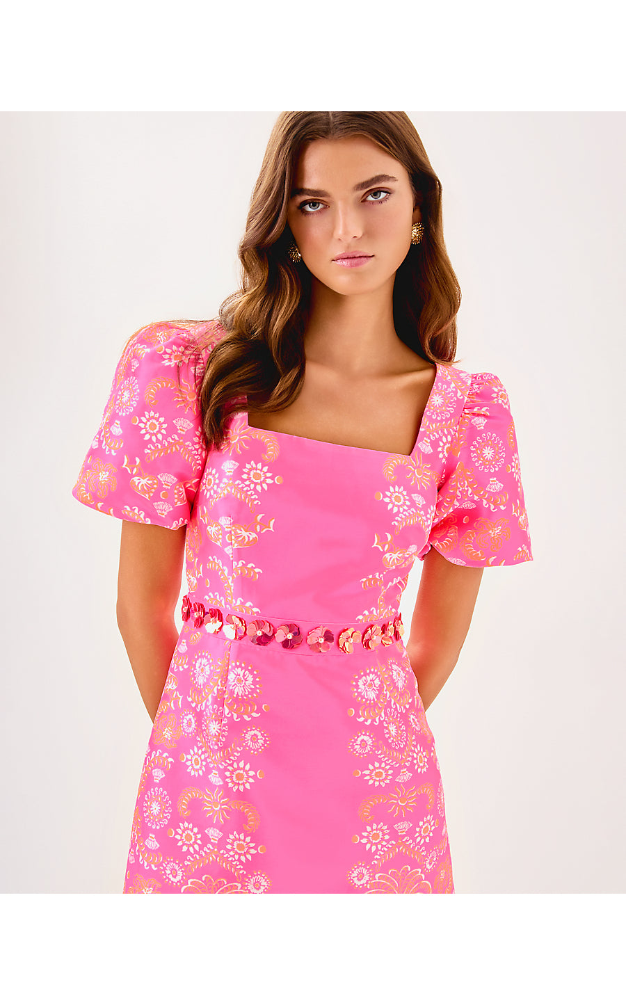 COHEN SKIRTED ROMPER, SUNKISSED PINK BREEZY PALM ENGINEERED ROMPER