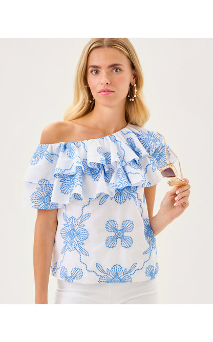 TRIXIE ONE SHOULDER RUFFLE TOP, SUNWASHED BLUE AL FRESCO DOT EMBROIDERY
