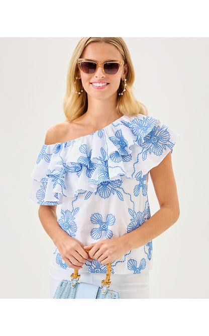 TRIXIE ONE SHOULDER RUFFLE TOP, SUNWASHED BLUE AL FRESCO DOT EMBROIDERY