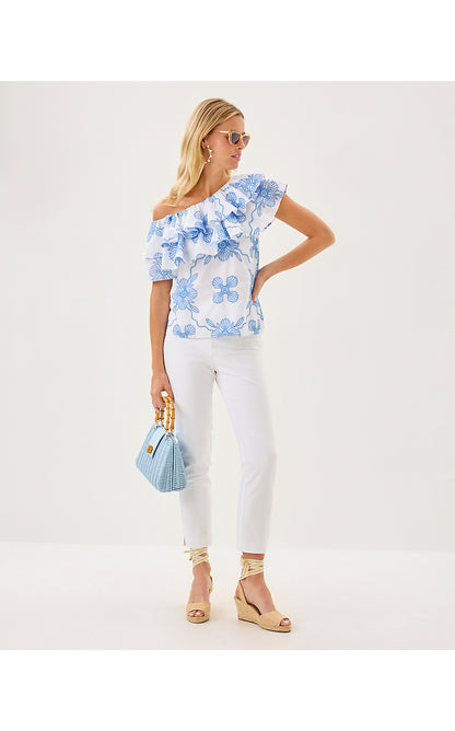TRIXIE ONE SHOULDER RUFFLE TOP, SUNWASHED BLUE AL FRESCO DOT EMBROIDERY