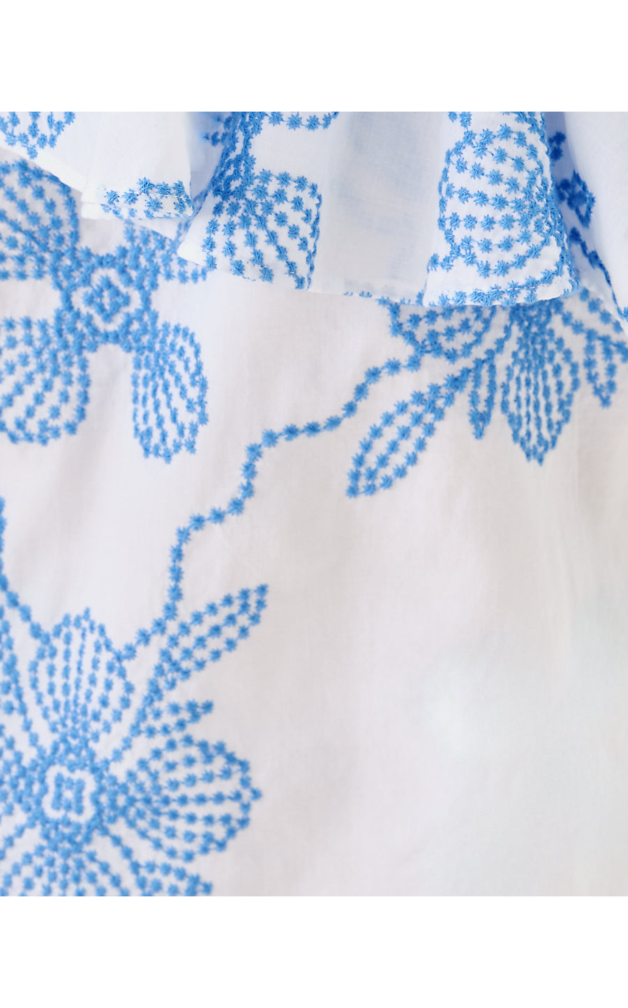 TRIXIE ONE SHOULDER RUFFLE TOP, SUNWASHED BLUE AL FRESCO DOT EMBROIDERY