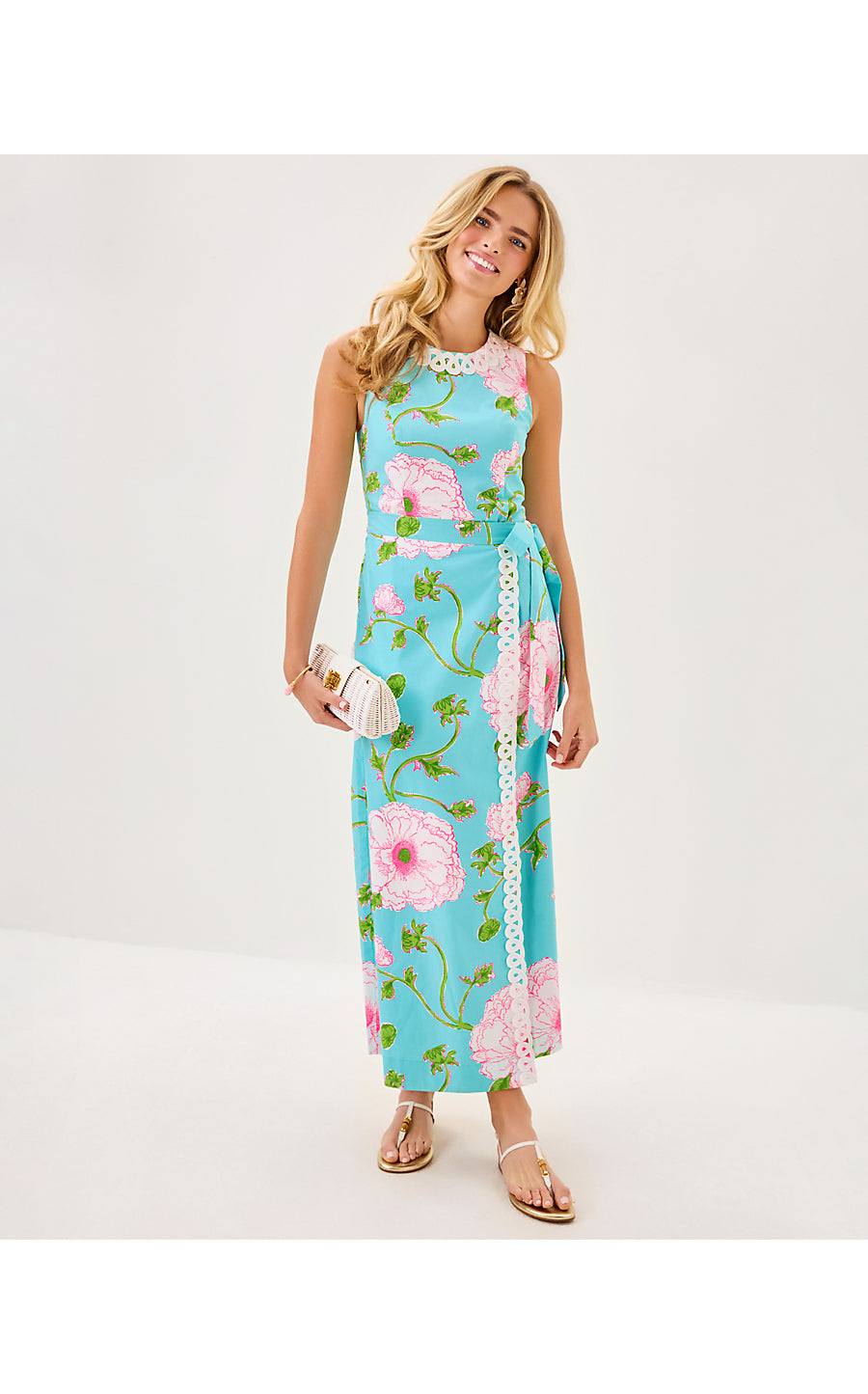FRESIA STRETCH MAXI SHIFT, FRESH WATER BLUE BURSTING BLOOMS ENGINEERED WOVEN DRESS