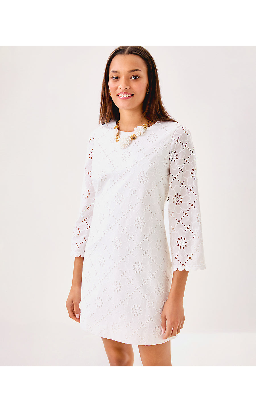 RICHIE 3/4 SLEEVE SHIFT, RESORT WHITE BEACH HAVEN EYELET