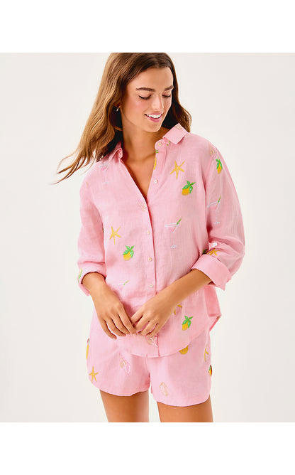 SEA VIEW BUTTON DOWN, CONCH SHELL PINK HAPPY HOUR EMBROIDERY