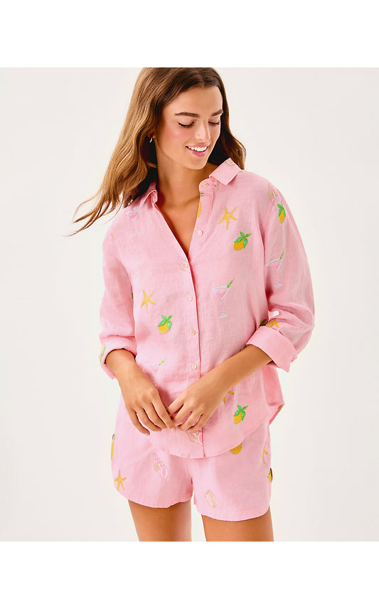 SEA VIEW BUTTON DOWN, CONCH SHELL PINK HAPPY HOUR EMBROIDERY