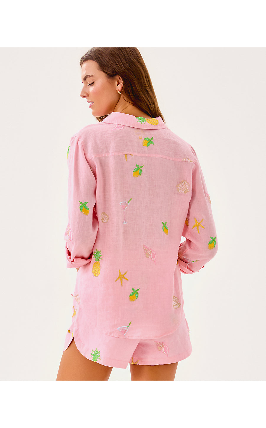 SEA VIEW BUTTON DOWN, CONCH SHELL PINK HAPPY HOUR EMBROIDERY