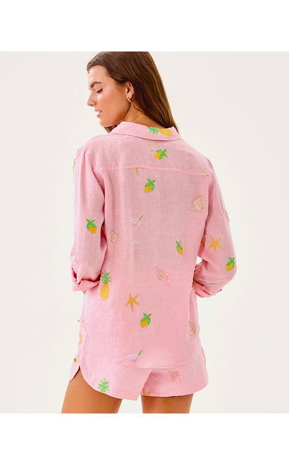 SEA VIEW BUTTON DOWN, CONCH SHELL PINK HAPPY HOUR EMBROIDERY