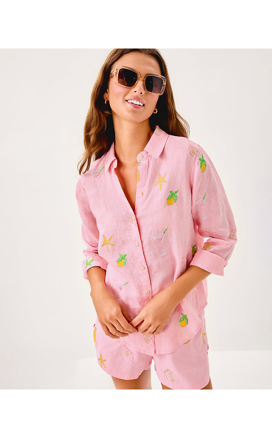 SEA VIEW BUTTON DOWN, CONCH SHELL PINK HAPPY HOUR EMBROIDERY