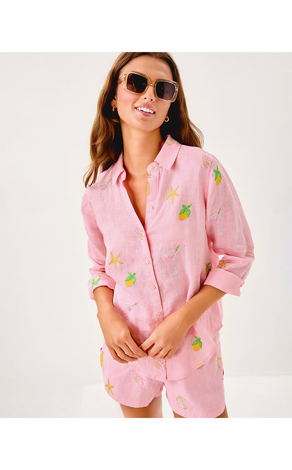 SEA VIEW BUTTON DOWN, CONCH SHELL PINK HAPPY HOUR EMBROIDERY