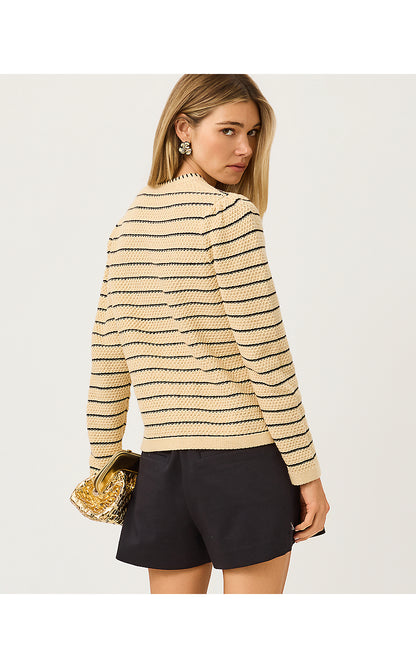 MAYSEN CARDIGAN, HEATHERED WICKER TAN BEACHY STRIPE