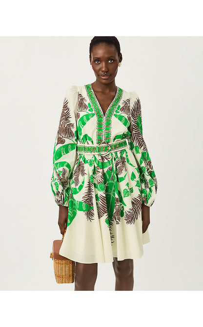 CHYANNA DRESS, VANILLA SPICE HIDE AND LEAF ENGINEERED WOVEN DRESS