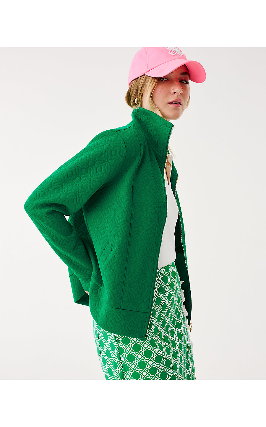 ELENI ZIP-UP, BAMBOO GREEN BUTTERFLY QUILTED KNIT