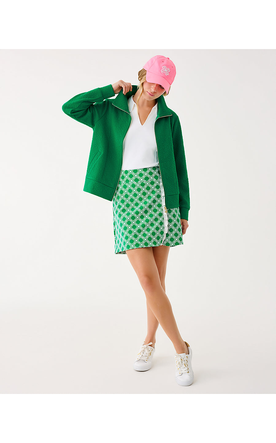 ELENI ZIP-UP, BAMBOO GREEN BUTTERFLY QUILTED KNIT