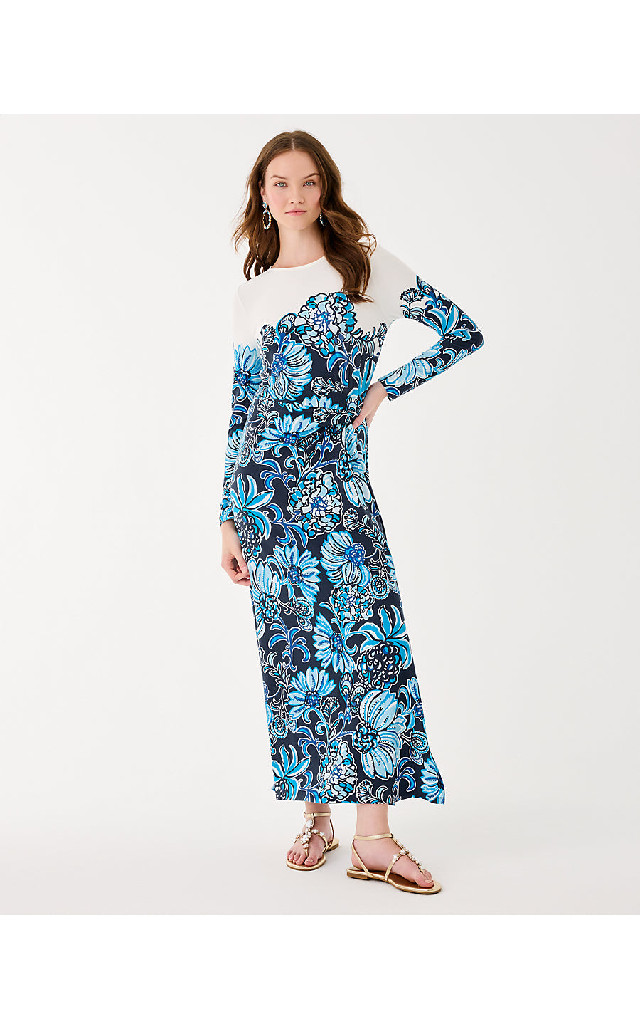 NYLA MAXI DRESS, LOW TIDE NAVY JUICY STORY ENGINEERED MAXI