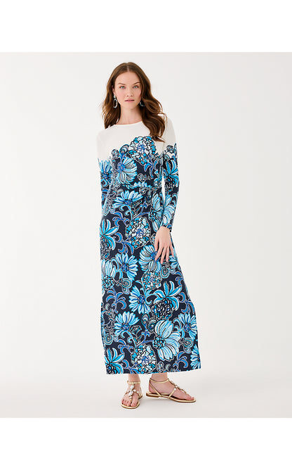 NYLA MAXI DRESS, LOW TIDE NAVY JUICY STORY ENGINEERED MAXI