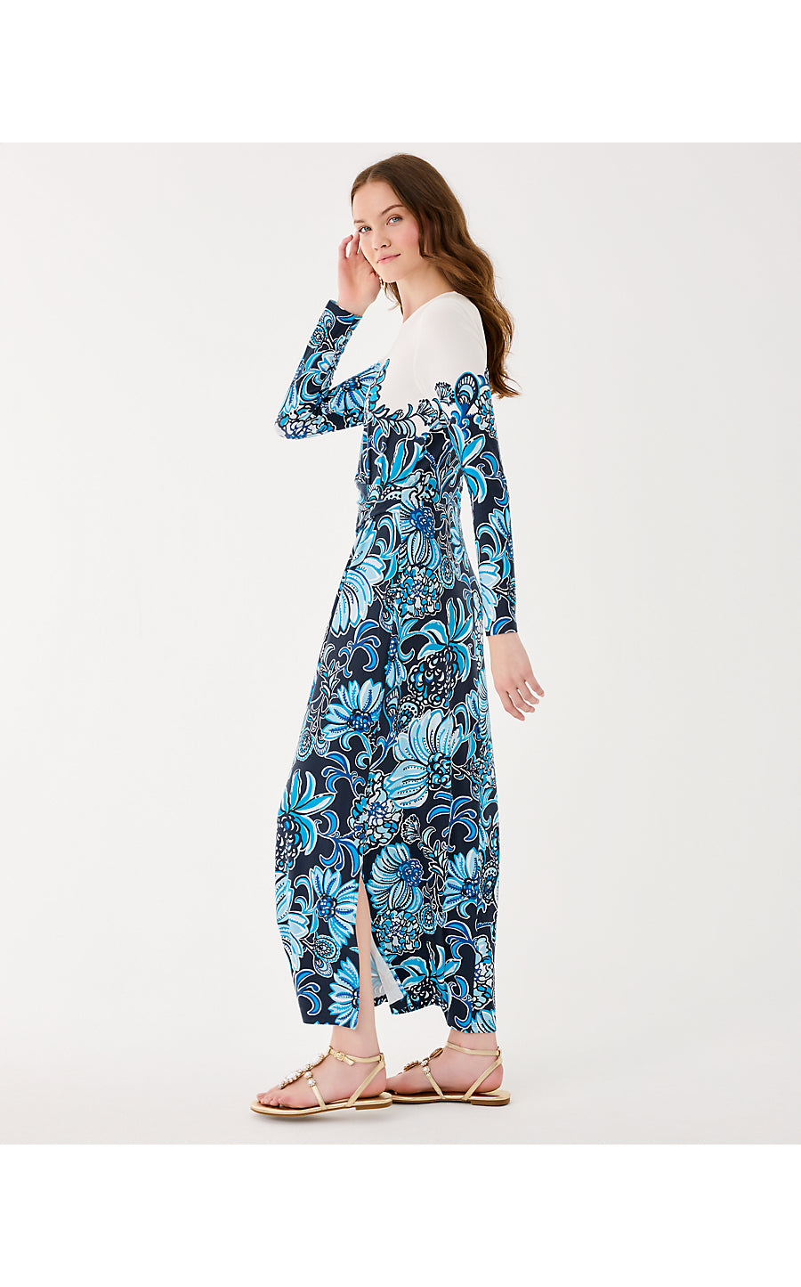 NYLA MAXI DRESS, LOW TIDE NAVY JUICY STORY ENGINEERED MAXI
