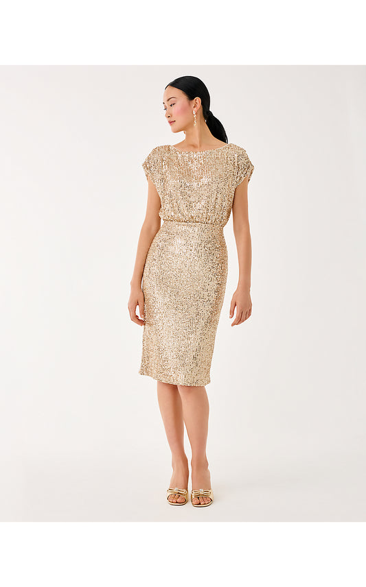 AYLIN SEQUIN MIDI DRESS, GOLD METALLIC TREASURE BOX SEQUIN KNIT