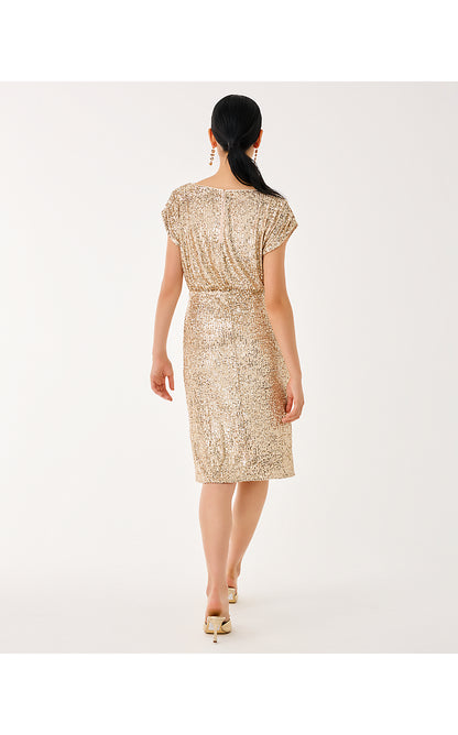 AYLIN SEQUIN MIDI DRESS, GOLD METALLIC TREASURE BOX SEQUIN KNIT