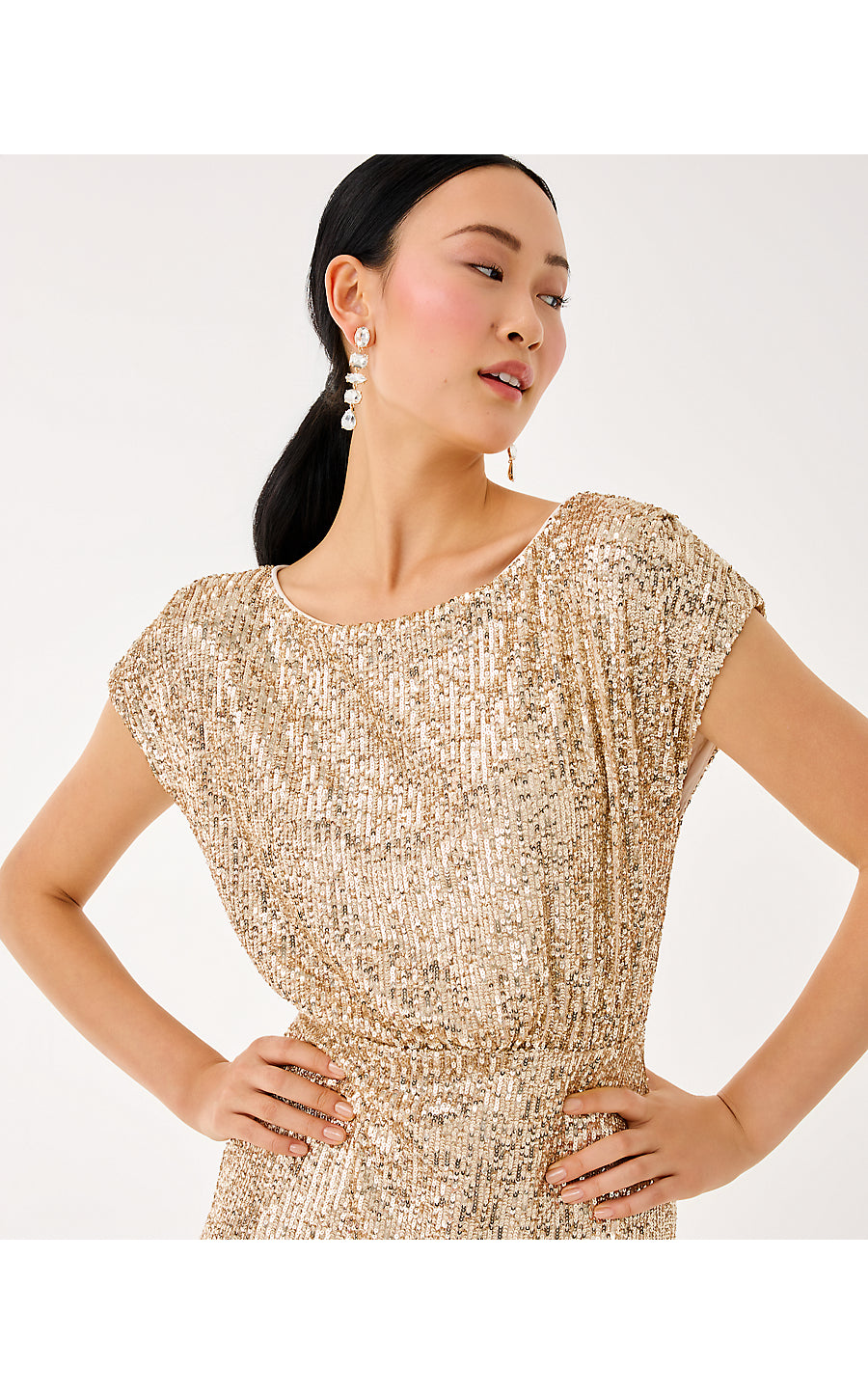 AYLIN SEQUIN MIDI DRESS, GOLD METALLIC TREASURE BOX SEQUIN KNIT